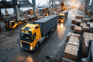 Shipping yard showing cargo trucks, forklifts and containers ready for global distribution
