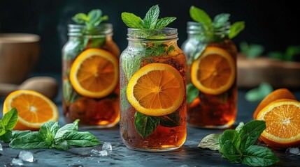 Iced tea in mason jars with oranges and mint on a dark surface. Use it for illustrating summer drinks, cocktails, or healthy living.