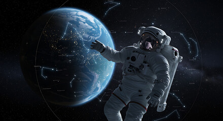 Astronaut floating peacefully in deep space with Earth in the background and a constellation map subtly glowing around them — high contrast, epic lighting