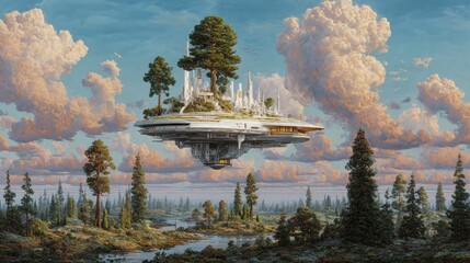A Futuristic Floating City Above a Serene Forest Landscape