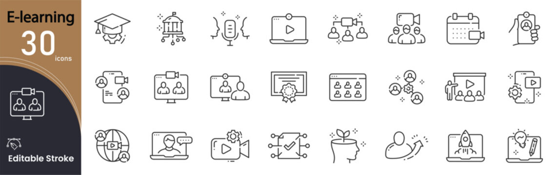 E-Learning related icon collections. Containing E-Learning, Online, Education, Study, Course, Training, Knowledge, Webinar, Tutorial, and Digital icons. Editable Stroke. Outline icons.