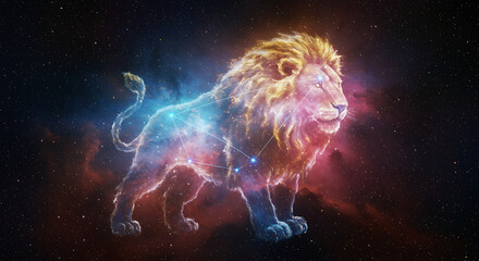 3D rendering of a space nebula shaped like a lion, representing the Leo constellation, with vibrant colors and cosmic dust &mdash; vivid and surreal aesthetic