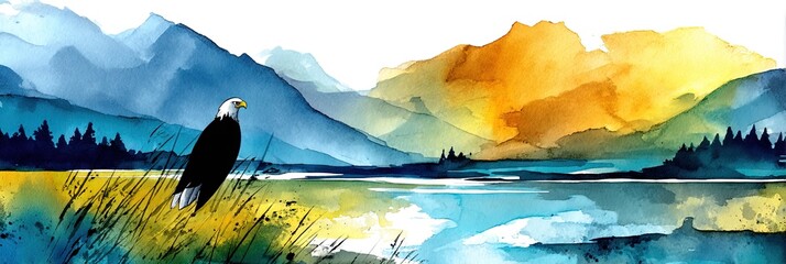 watercolor bald eagle overlooking natural american landscape