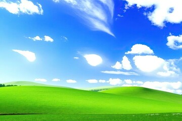 Blue sky with fluffy clouds over green fields, cumulus, sky