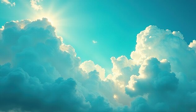 Luminous turquoise clouds swirl, textured patterns fill a serene, dreamy sky, luminous, serene