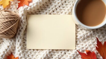 Cozy Autumn Still Life: Coffee Cup, Yarn, Knitting & Fall Leaves on Sweater with Blank Card for Message