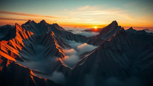 Majestic mountain range at sunset with clouds below peaks  