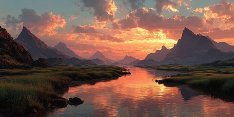 Vibrant sunset casting reflections over tranquil river in mountainous landscape during golden hour