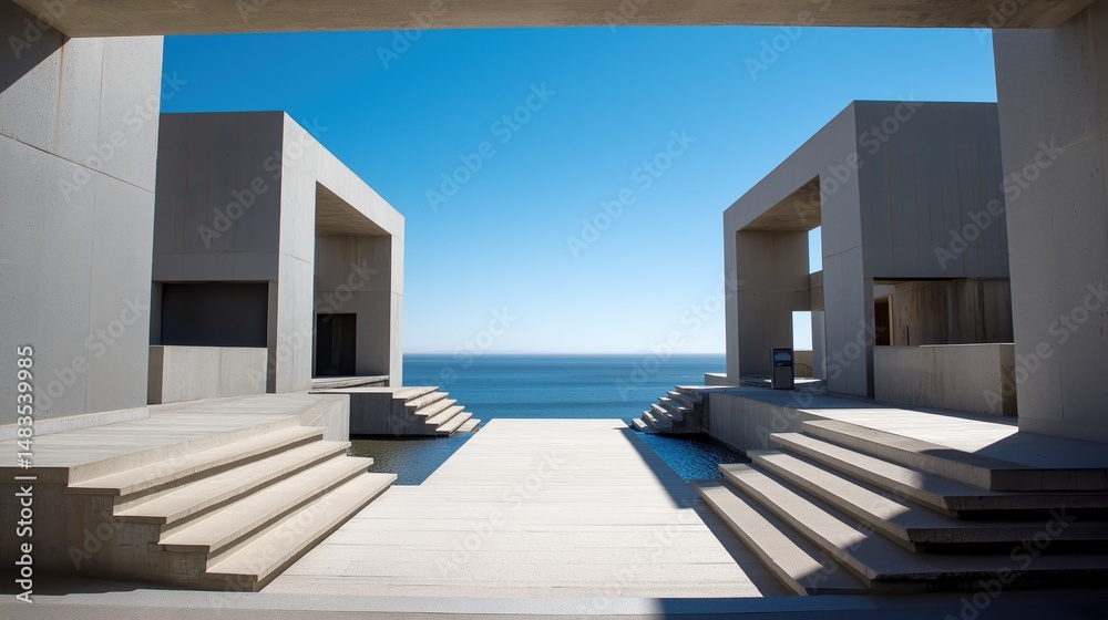 Aufkleber modernist concrete structure with geometric shadows overlooking a calm ocean under clear blue sky