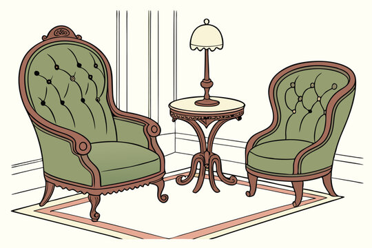 129 antique chairs, plush green velvet upholstery, ornate red wood frames, victorian era furniture, elegant historical design, textured fabric details, ornamental carving, vintage salon aesthetic, cla