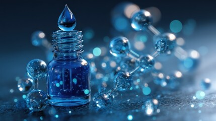 Blue serum bottle with water droplet, surrounded by molecules