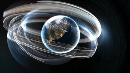 glowing planet earth encircled by luminescent energy ribbons on dark background concept art