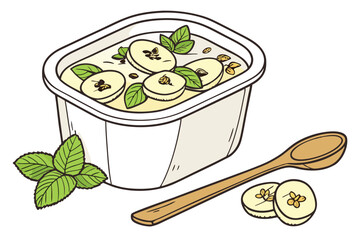 130 tub of creamy yogurt, fresh banana slices, mint leaves, wooden spoon, table, minimalist white background, detailed food illustration, whimsical, vibrant colors, high quality, photorealistic