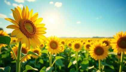 Vibrant yellow sunflowers stretch towards the sun in a vast field under a clear blue sky, summer warmth , floral, bright