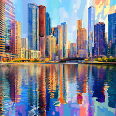 Urban buildings with evening clouds and water high resolution picture