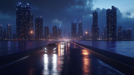 Fototapeta premium Futuristic city road at night with a car