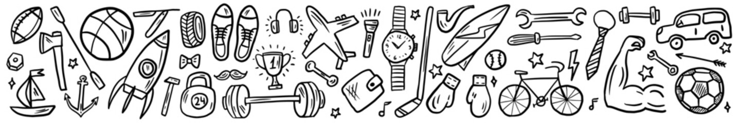 Vector horizontal set of men's items, symbols and accessories, hand drawn in doodle style