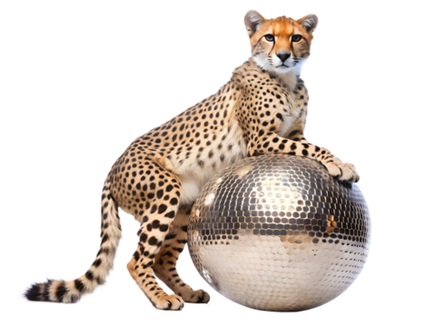 cheetah with ball isolated on a white background. PNG Transparent file type with high definition quality Available.
