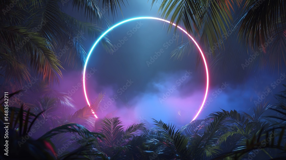 Poster neon circle shape glowing in a tropical jungle at night in 80s synthwave style