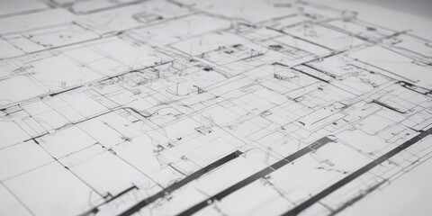 Clean white background, black technical drawing shapes, blueprint style , wireframe, draft, lines