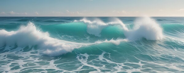 Crisp turquoise waves crash, frothy white foam accents vibrant blue water , foam wave, swell, wave texture