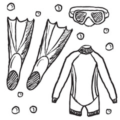 Diving equipment diving suit, swimming mask and pair of flippers in black brush stroke texture isolated on white. Hand drawn vector sketch illustration in vintage charcoal ink. Summer sport.
