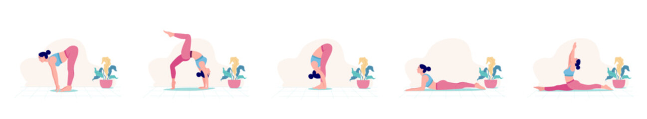 Yoga Workout Set. Young woman practicing Yoga poses. Woman workout fitness, aerobic and exercises.