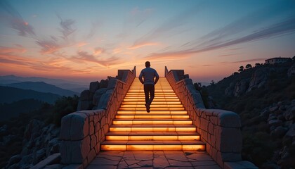 Fototapeta premium Ascending Towards Success: A Man Walks Up Illuminated Steps at Sunset Over Majestic Mountains