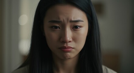 Fototapeta premium Emotional close-up of a young woman expressing sadness in a softly lit room