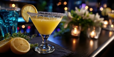 Refreshing cocktails displayed on a bar countertop with vibrant garnishes and ambient lighting in the background