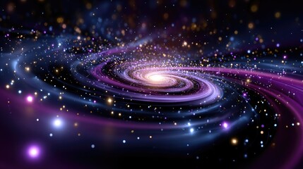 A vibrant 3D galaxy swirling in deep space, with luminous spiral arms radiating in shades of violet, electric blue, and magenta