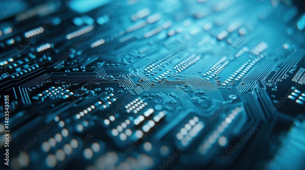 Poster close-up of electronic microchip on a luminous circuit board with detailed connections