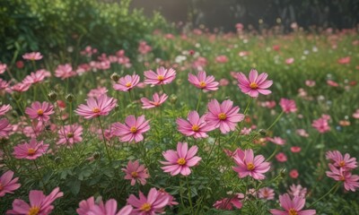 Obraz premium Delicate cosmos blossoms, vibrant pink petals, green leaves, garden setting, flora, fresh