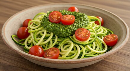 Zoodles (zucchini noodles) topped with pesto sauce and cherry tomatoes, served in a shallow dish