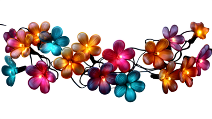Colorful string lights shaped like flowers glowing softly isolated on transparent background