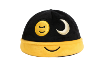 PNG Black and yellow plush hat with moon and smiley face design