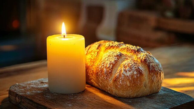 Fresh artisan bread beside a glowing candle on a rustic wooden table, creating a warm, cozy and inviting atmosphere.
