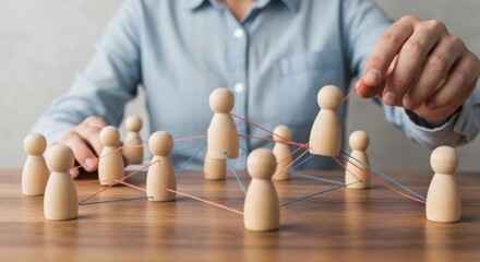 Wooden figures connected by strings representing network and communication, on a wooden table