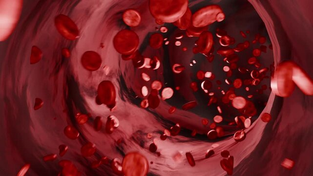 Human vein or artery with human blood cells. Hemoglobin, blood flow, corpuscle, blood plasma, arteries, healthcare and medicine. 3D animation