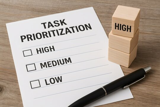 A note lists task prioritization levels of high, medium, and low with a pen and wooden block. Concept of workflow organization and decision-making strategy.
