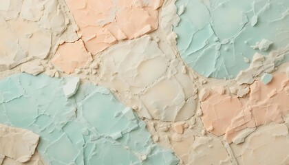 Fototapeta premium Detailed close up view of a cracked pastel rock wall with beige, light blue, and peach colored stones creating a visually compelling and textured surface pattern