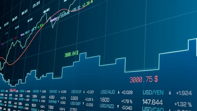 Abstract stock market data and chart, stock trading, analyzing. Investment, risk, volatility, chance, price. 3D animation