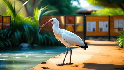 Obraz premium White Bird Standing Gracefully Near Water in a Lush Environment with Greenery and Scenic Background in a Relaxing Natural Setting