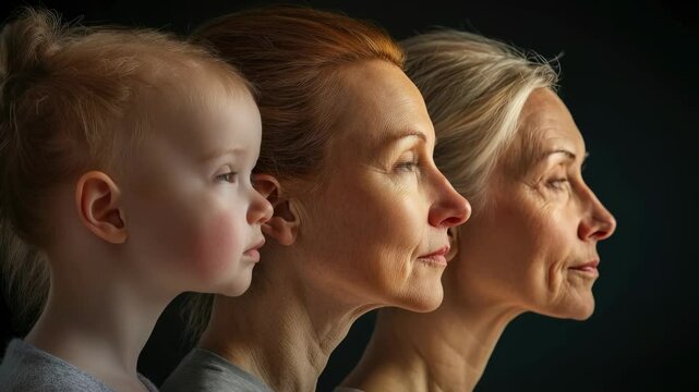 Aging journey of a woman face, reflecting the passage of time, showcasing visual transformations, from youth to maturity, highlighting natural evolution of beauty and wisdom throughout life stages.