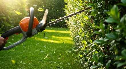 Hedge trimmer cutting bush representing garden maintenance and landscaping with flying green leaves