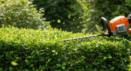 Hedge trimmer cutting bush representing garden maintenance and landscaping with flying green leaves