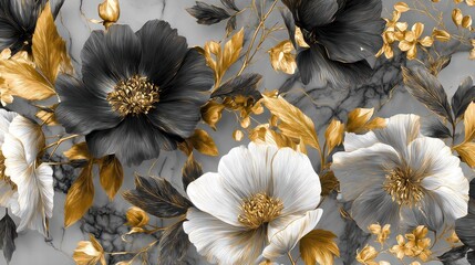 A lavish floral design, featuring dark grey and white flowers with gold accents, set against a marble-like background