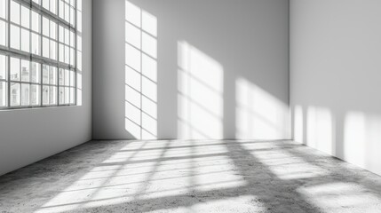 Empty room with large window, sunlight casts shadows