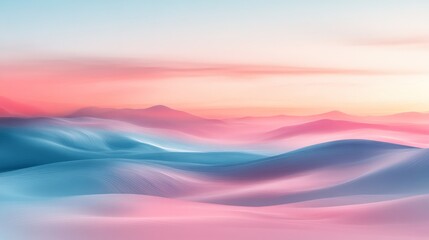 Colorful, dreamy landscape of rolling hills at sunrise.