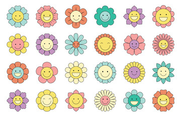 Funny happy daisy with eyes and smile. Isolated vector illustration. Hippie 60s, 70s style.